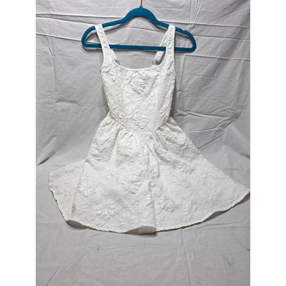 SHEIN White Floral Jacquard Square Neck Strappy Smocked Mini Fit & Flare XS